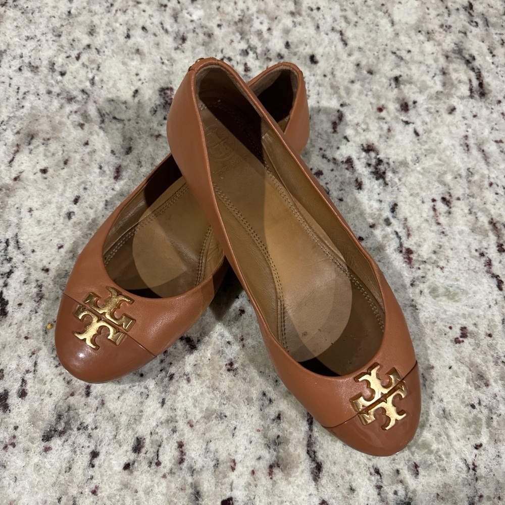 Tory Burch Cognac Leather Logo Ballet Flats